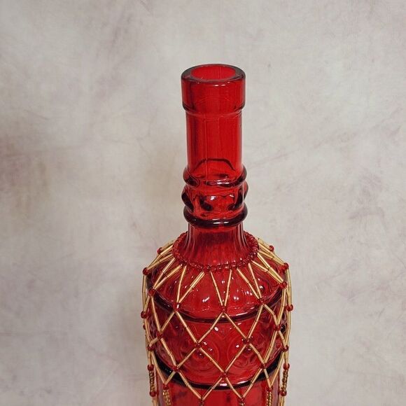 Vtg Red 12.75" Tall Glass Bottle w Hand Beaded Detailing - Picture 4 of 10